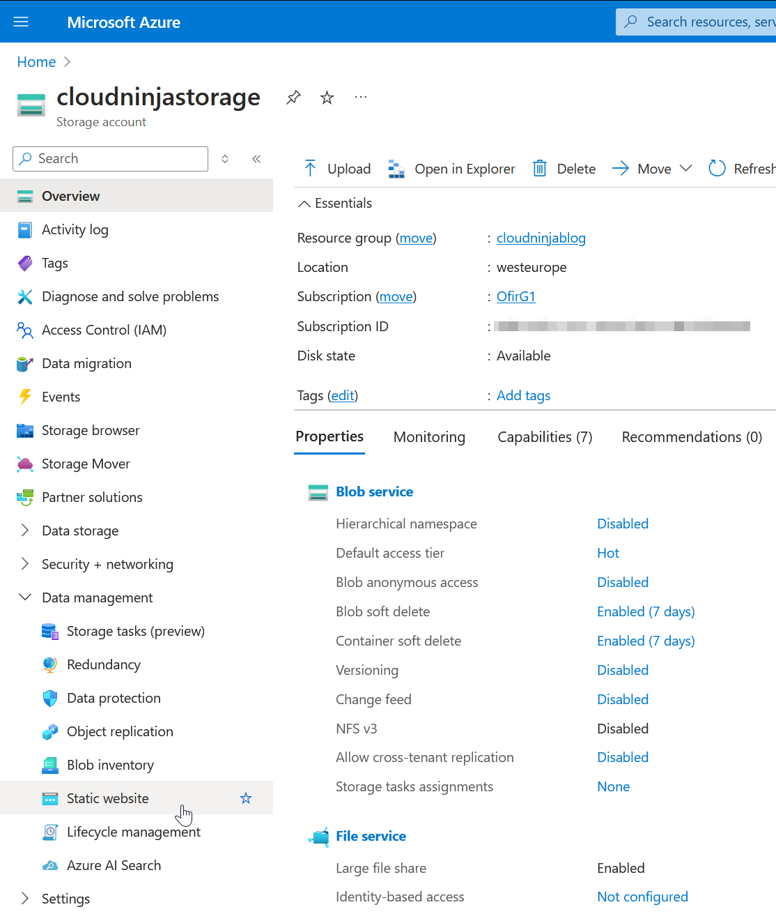 Configure Azure Storage Account static website