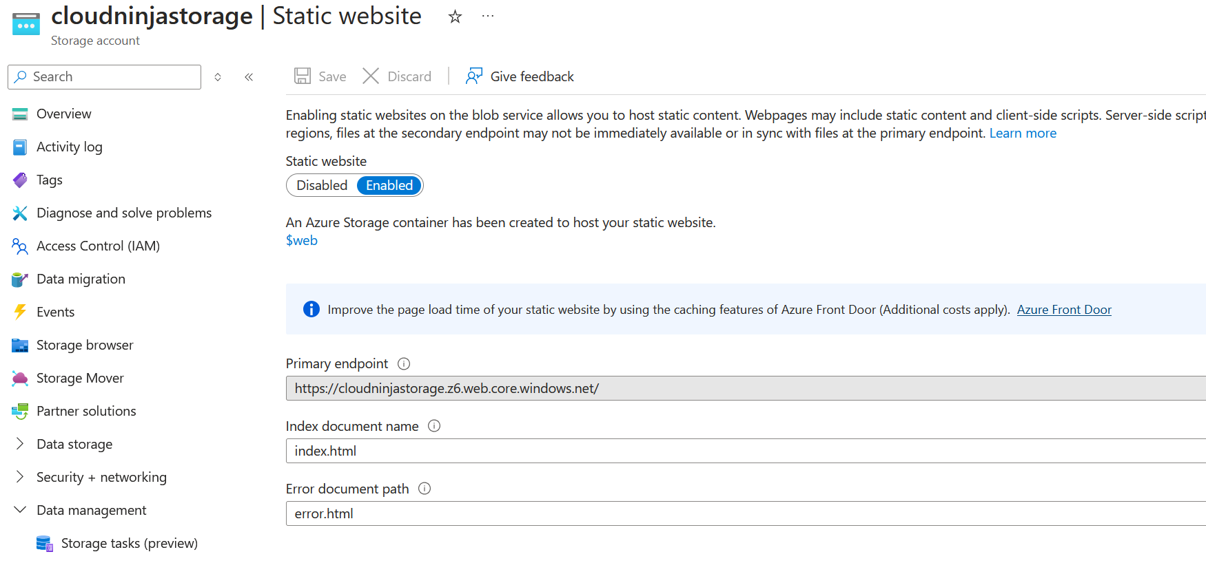 Configure Azure Storage Account static website