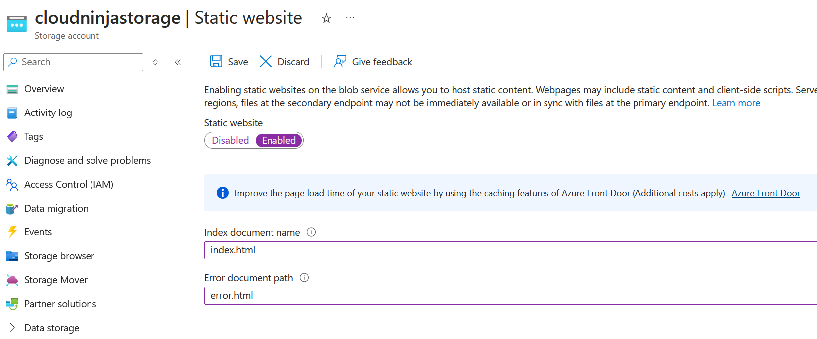 Configure Azure Storage Account static website